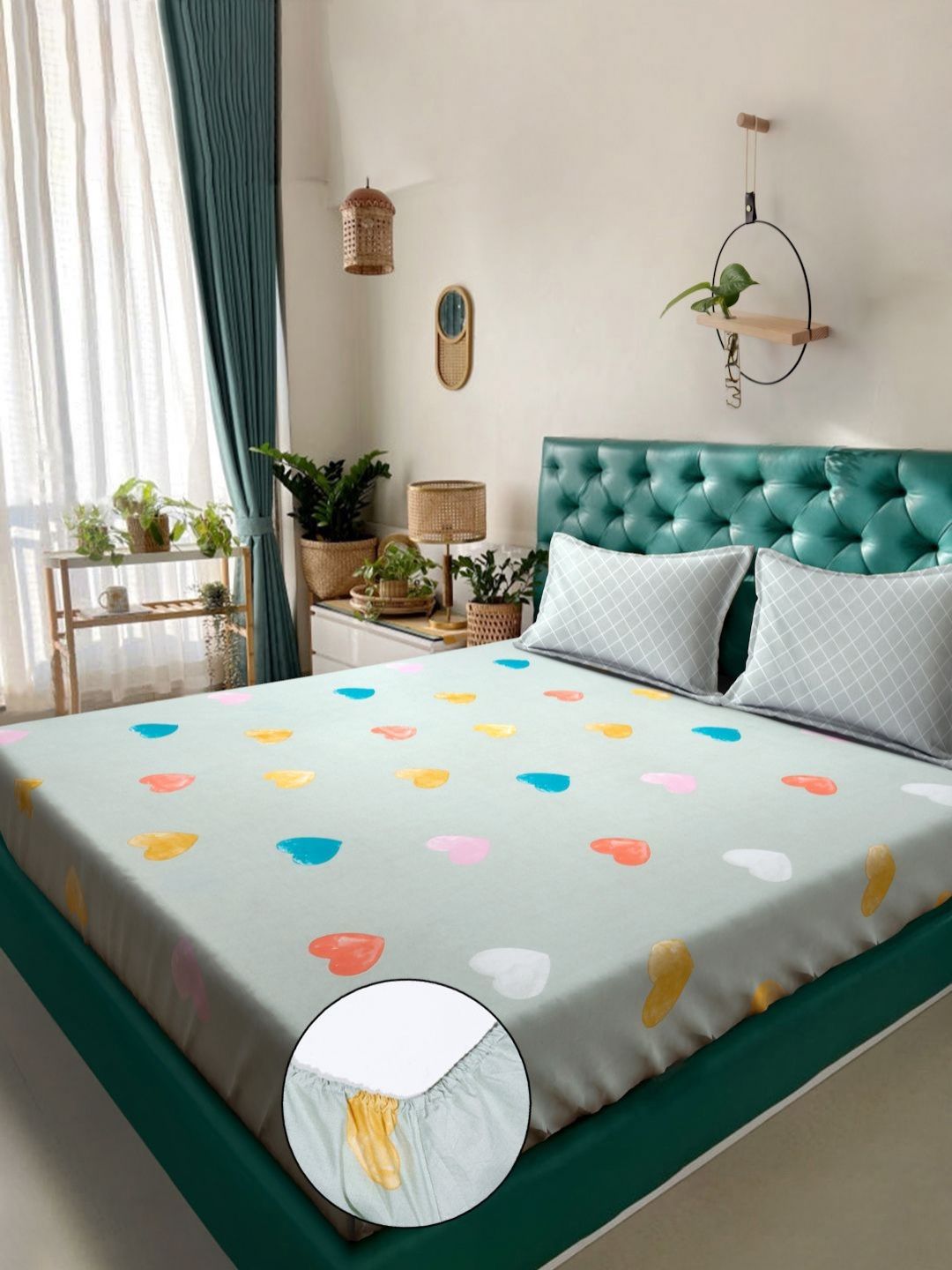 Myntra Elegant Homes Green & Pink Printed Fitted 300 TC King Bedsheet Set 2.50 m x 2.25 m-image-2