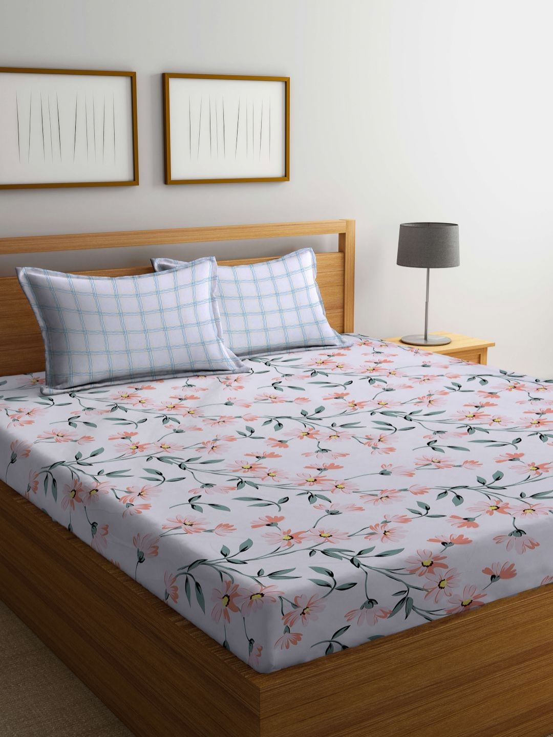Myntra Elegant Homes White & Pink Printed Fitted 300 TC King Bedsheet Set 2.50 m x 2.25 m-picture-35