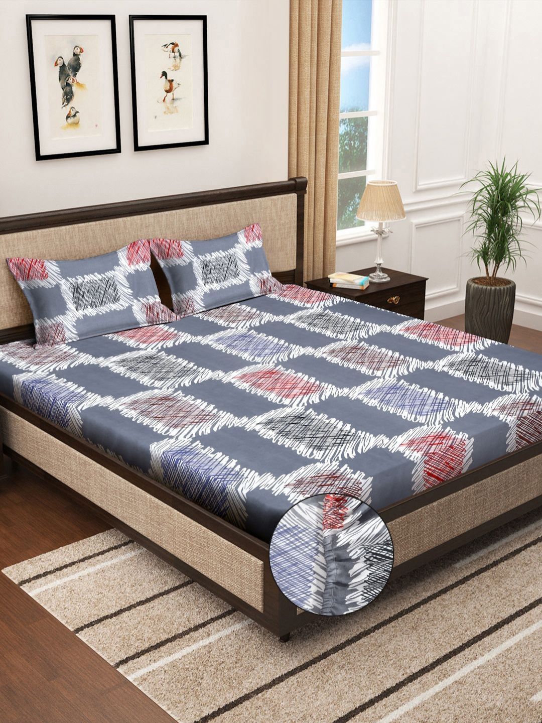 Myntra Elegant Homes Grey & Red Printed Fitted 300 TC King Bedsheet Set-2.50 m x 2.25 m-picture-39