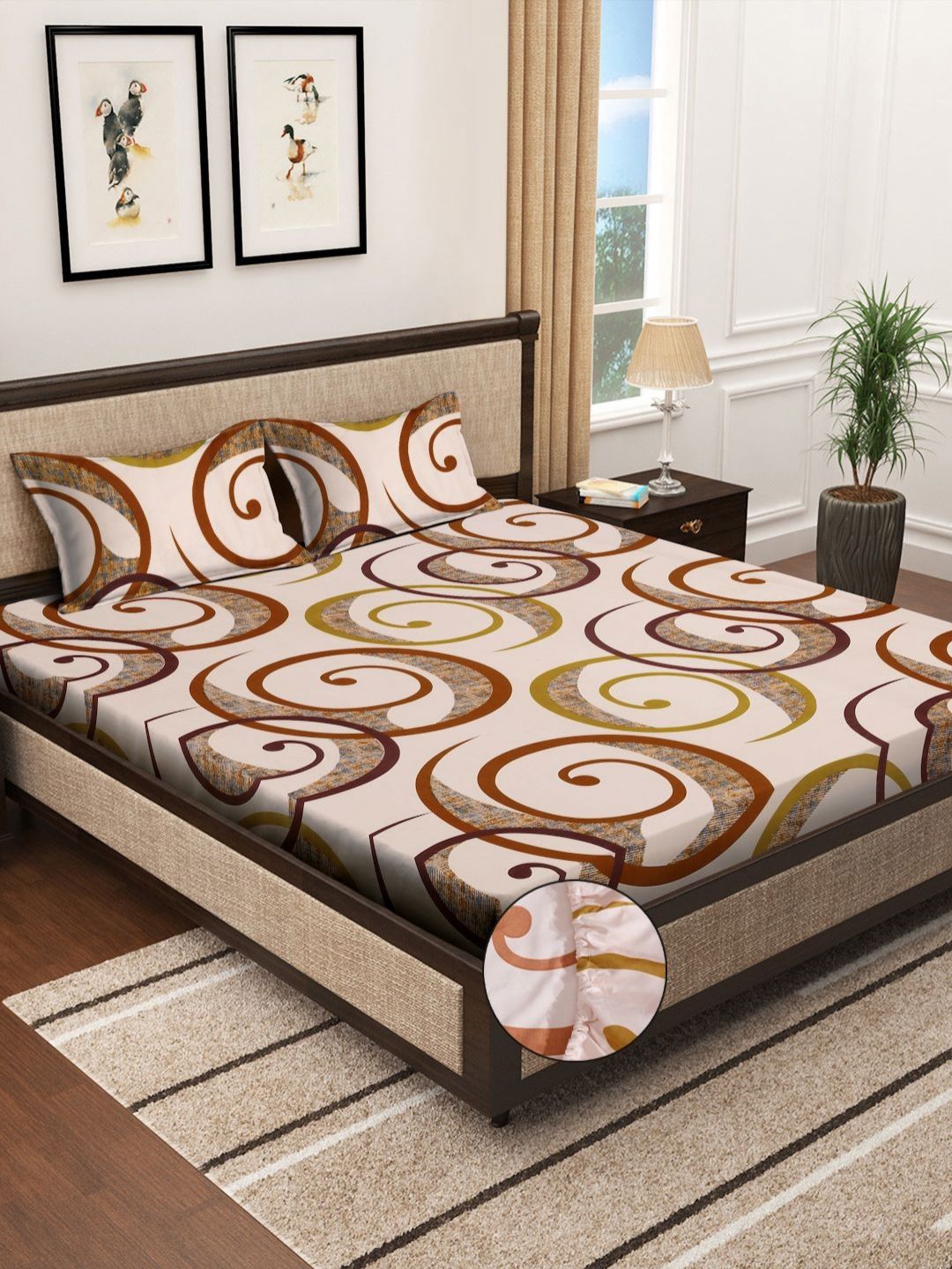 Myntra Elegant Homes Beige & Brown Printed Fitted 300 TC King Bedsheet Set-2.50 m x 2.25 m-picture-25