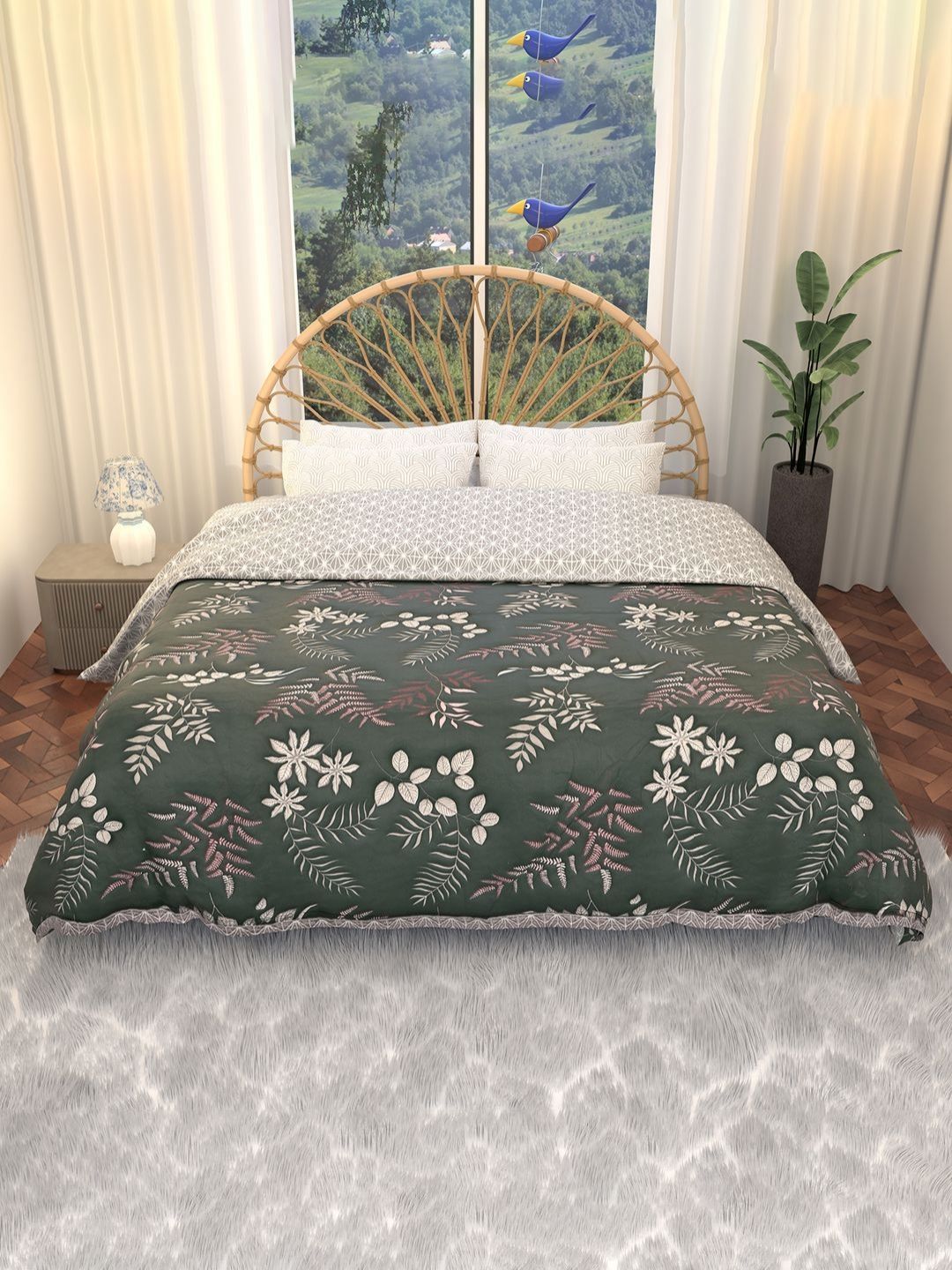 Aura White Floral Printed Microfiber AC Room 210 GSM Double Bed Comforter-image-20
