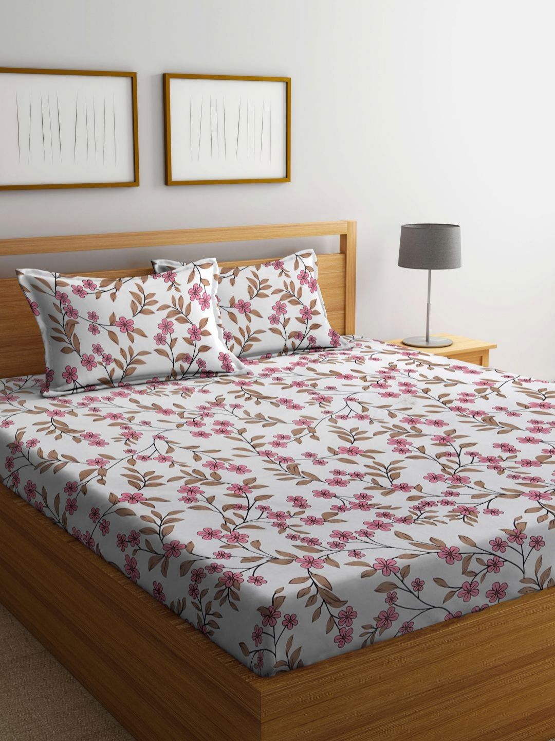 Myntra Elegant Homes White & Pink Floral 300 TC King Bedsheet Set 2.50 m x 2.25 m-picture-17