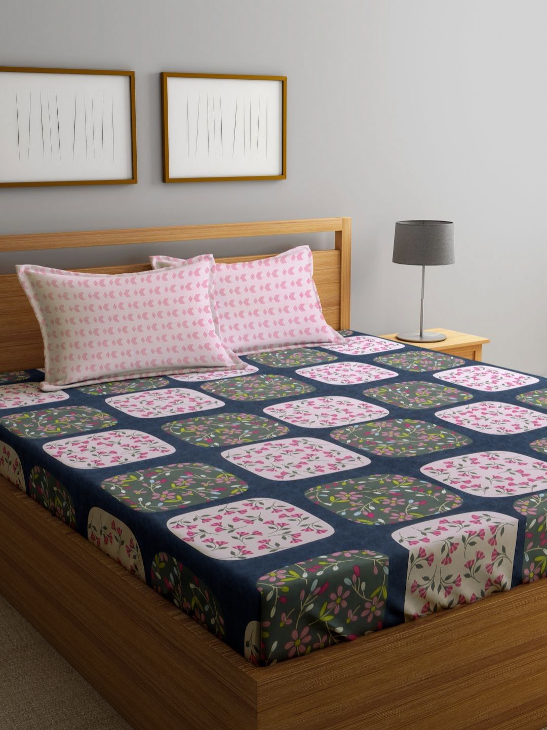 Myntra Elegant Homes Blue & Pink Floral Printed 300 TC King Bedsheet Set 2.5 m x 2.25 m