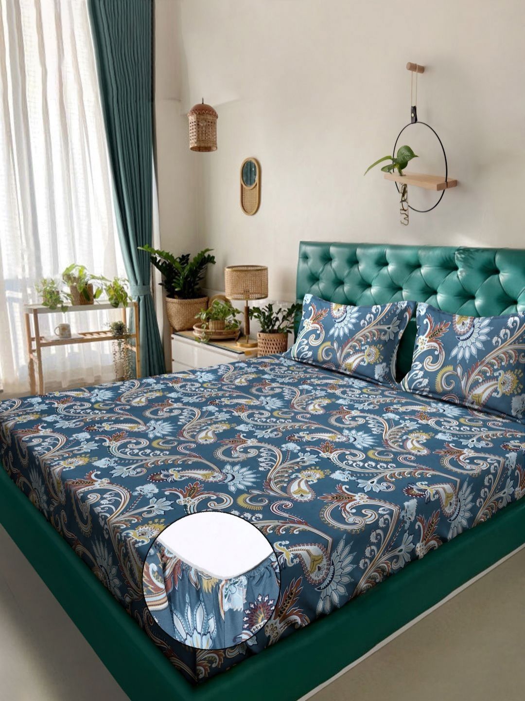 Myntra Elegant Homes Blue & Brown Printed 300 TC Fitted King Bedsheet Set- 250 cm x 225 cm-picture-26