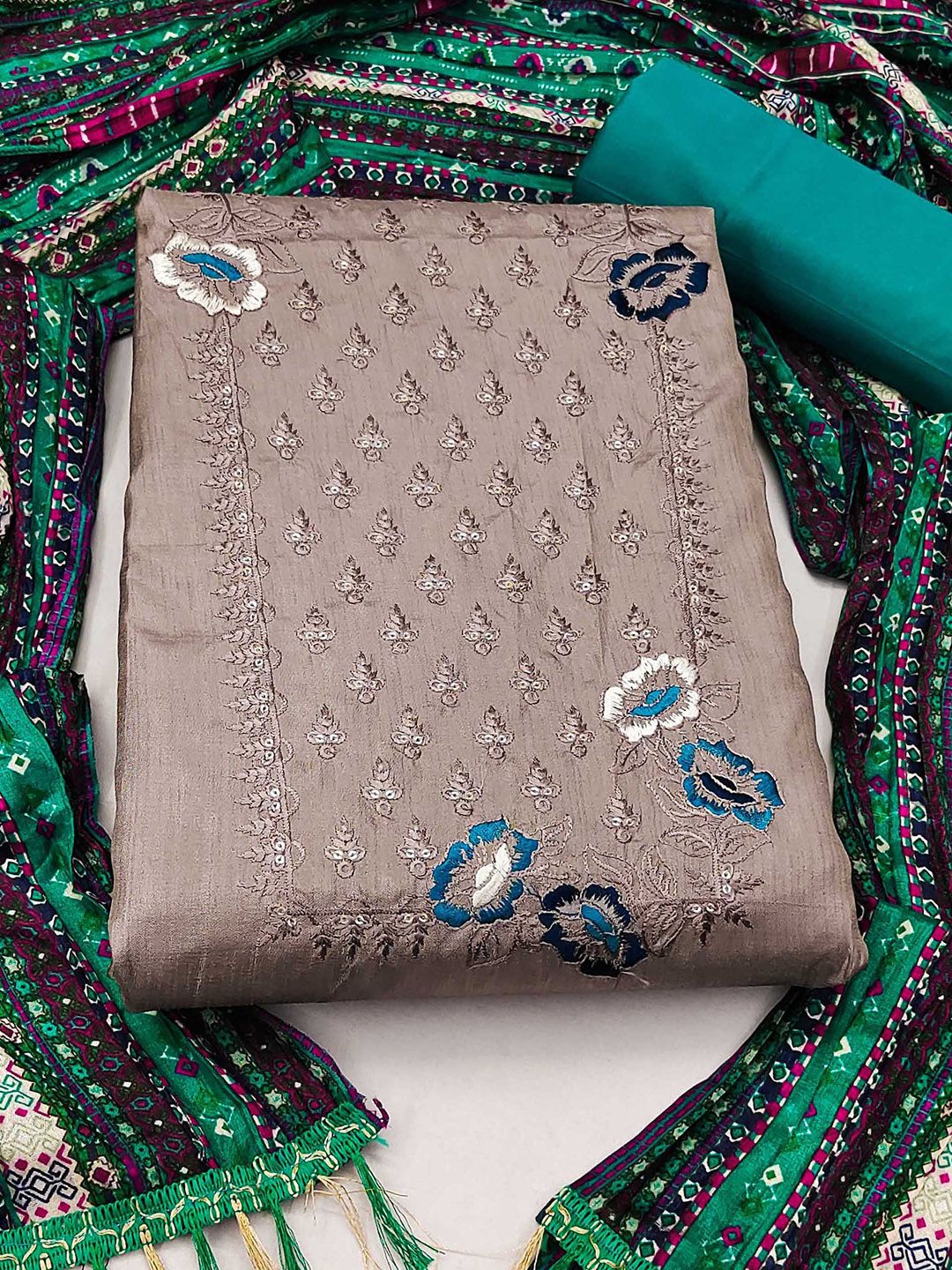 SHADOW & SAINING Floral Embroidered Sequinned Pure Silk Unstitched Dress Material-picture-37