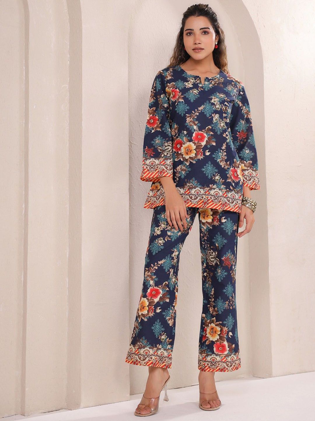 FLAVIA CREATION Floral Printed Notch Neck Pure Cotton Tunic With Trouser-picture-10