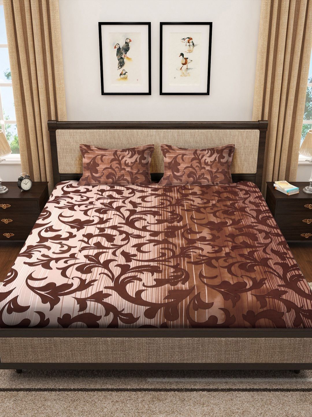 Myntra Elegant Homes Beige Floral Printed 300 TC Fitted King Bedsheet Set 2.50 m x 2.25 m-picture-33