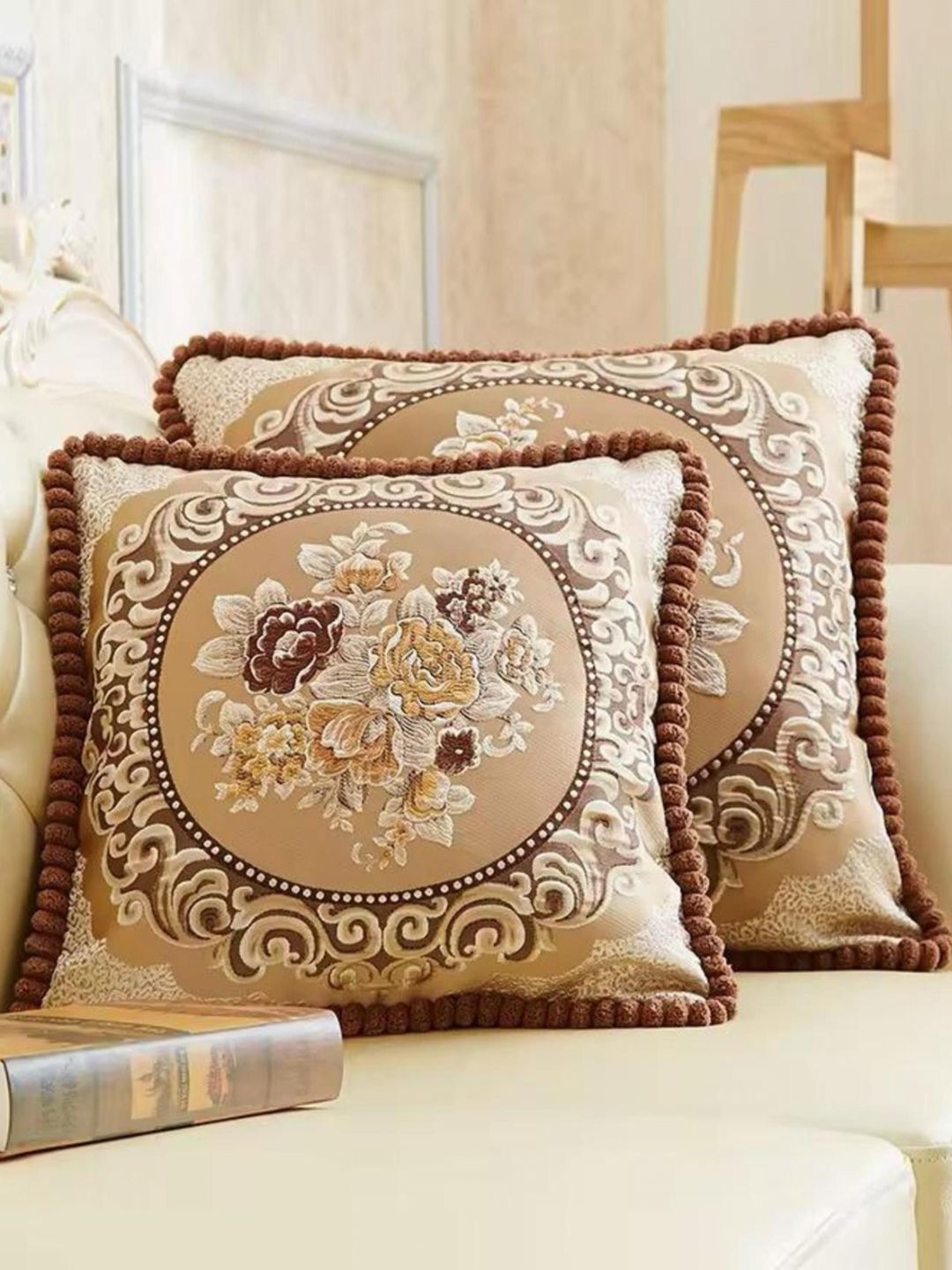 TANLOOMS Brown & Beige 2 Pieces Floral Printed Jacquard Square Cushion Covers-image-40