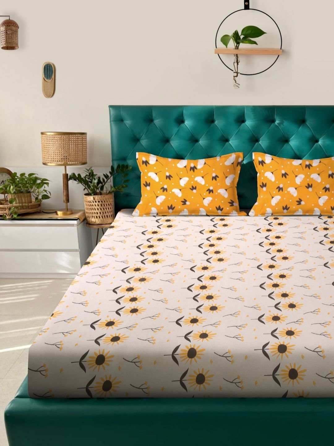 Myntra Elegant Homes Peach & Yellow Printed Fitted 300 TC King Bedsheet Set 2.50m x 2.25m-picture-41