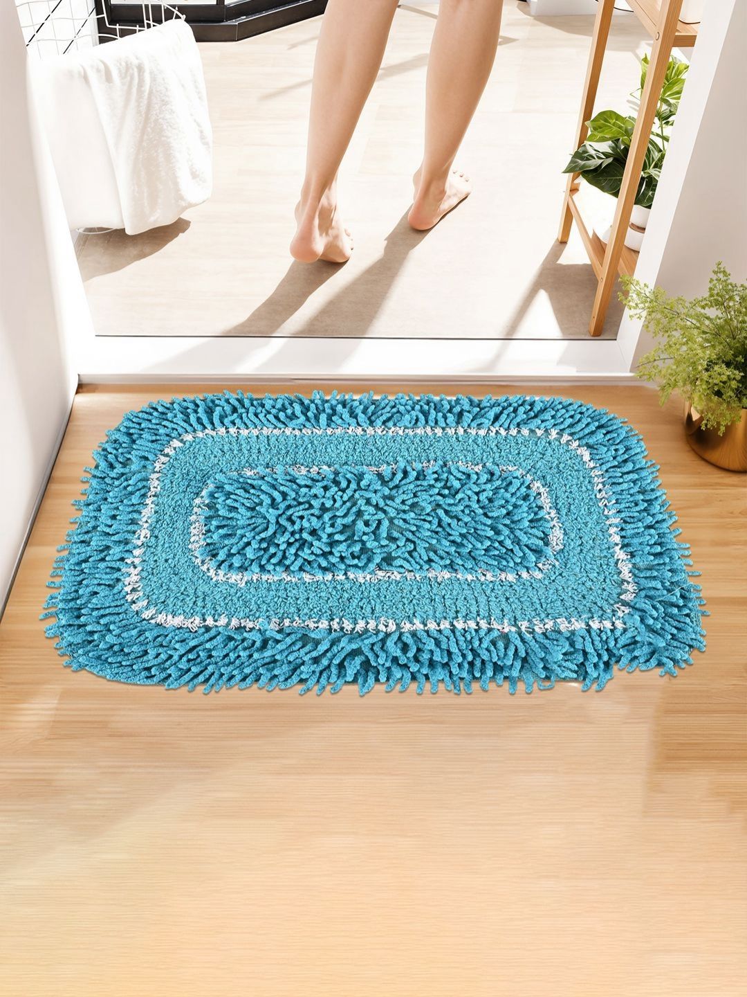 Aura Blue & White Microfibre Soft Anti-Skid Shaggy Doormat-picture-44