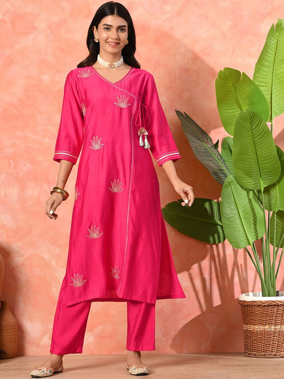 Sangria Floral Embroidered Angrakha Gotta Patti V-Neck Straight Kurta With Trousers