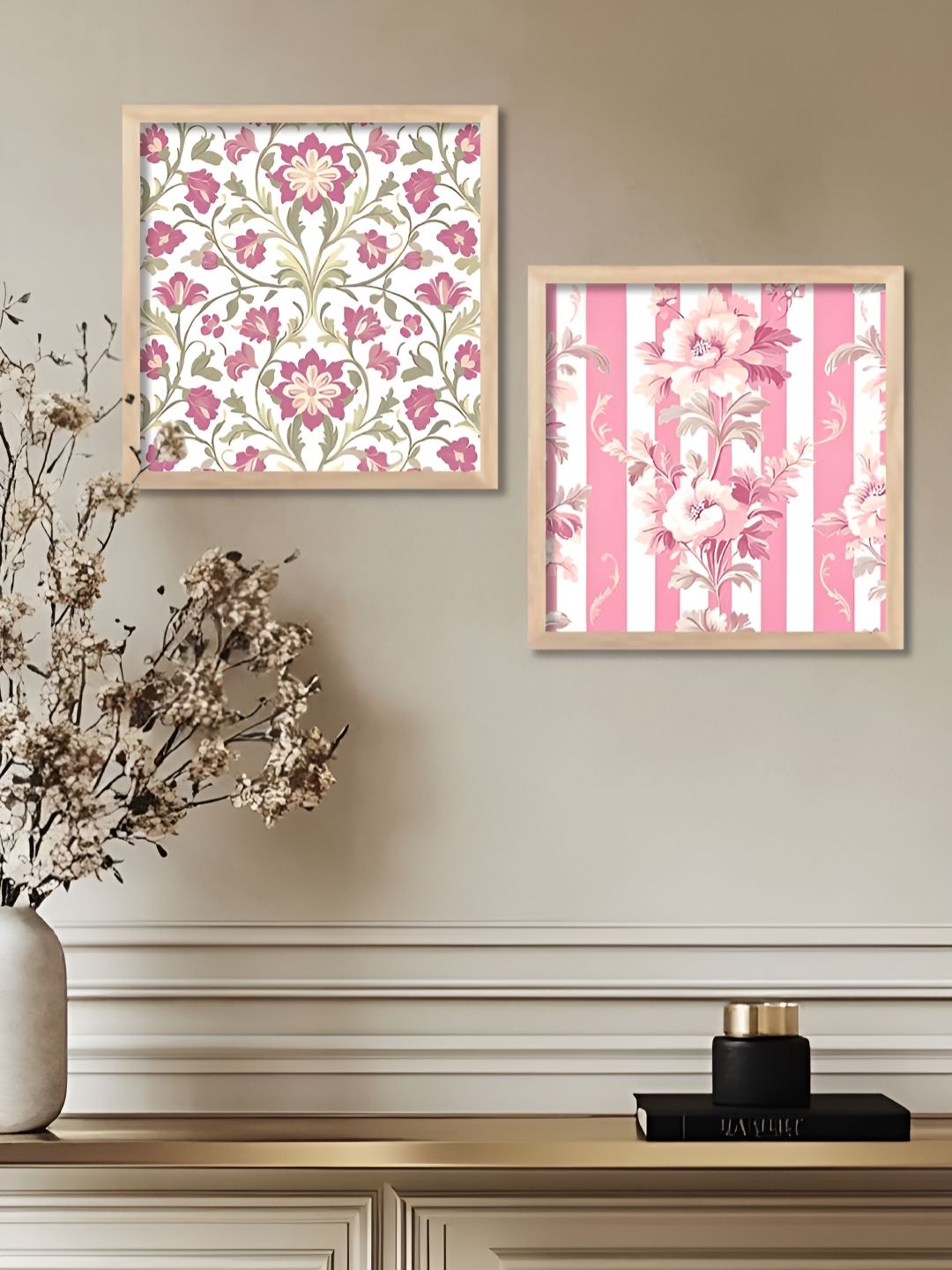 Kotart White & Pink 2 Pieces Floral Printed Wooden Wall Paintings-picture-26