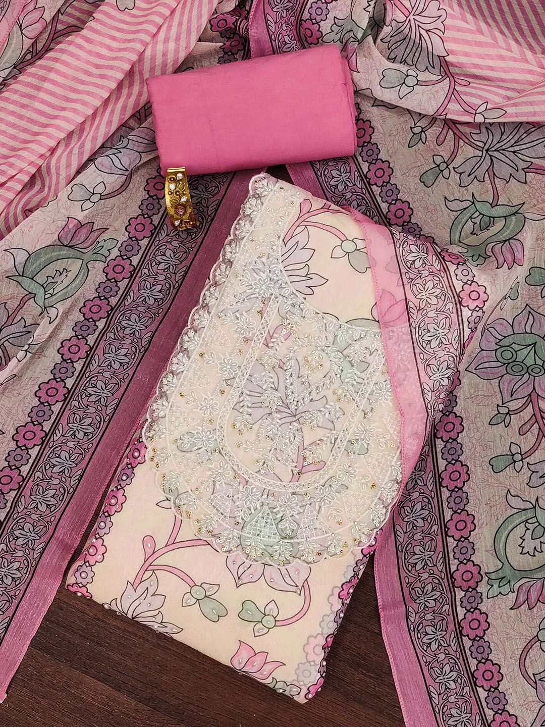 SHADOW & SAINING Floral Printed Sequinned Organza Unstitched Dress Material-picture-17