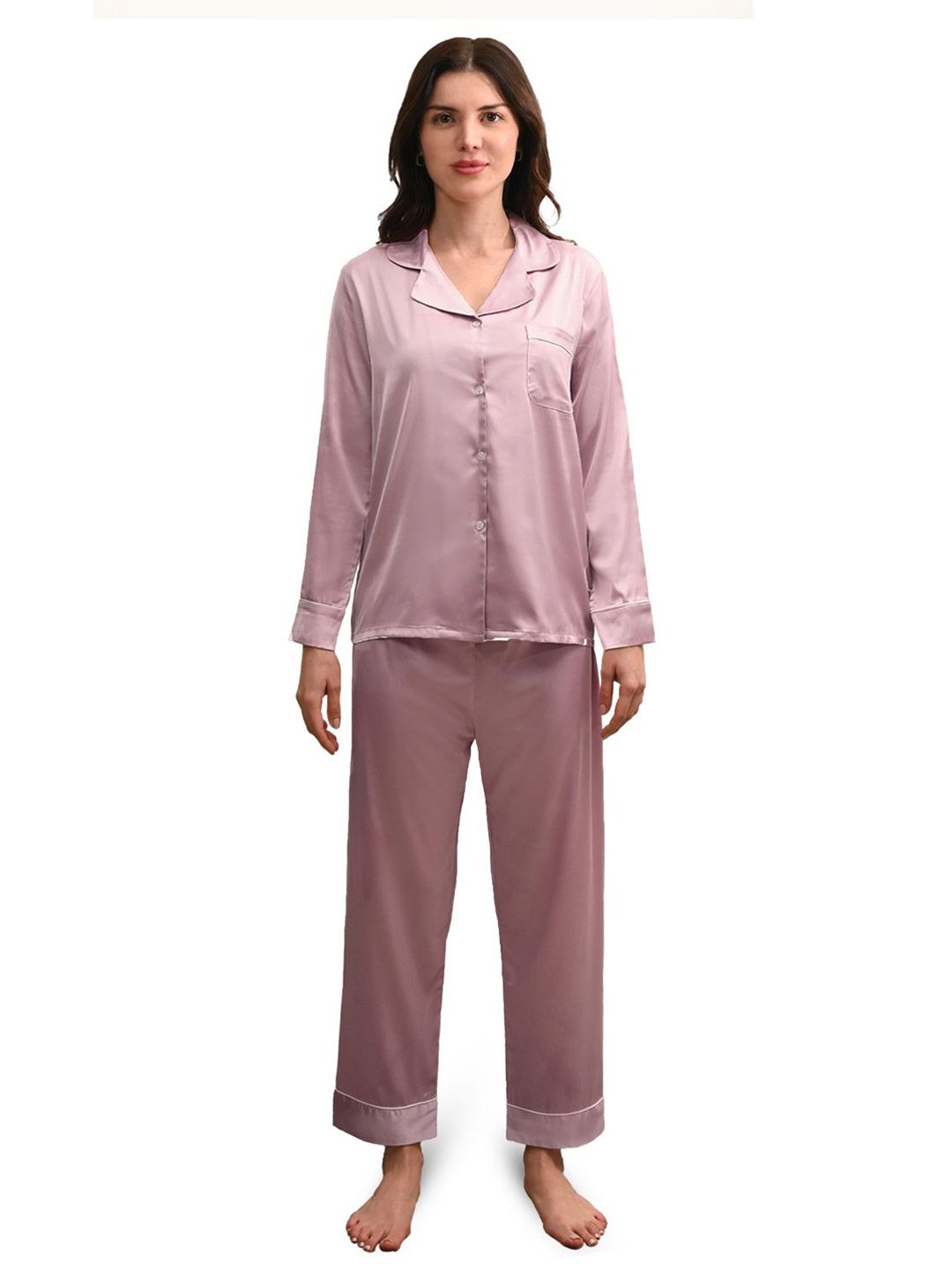 Sleepsia Women Ballerina Pink Satin Lapel Collar Full sleeves shirt & pyjama Night Set-picture-49
