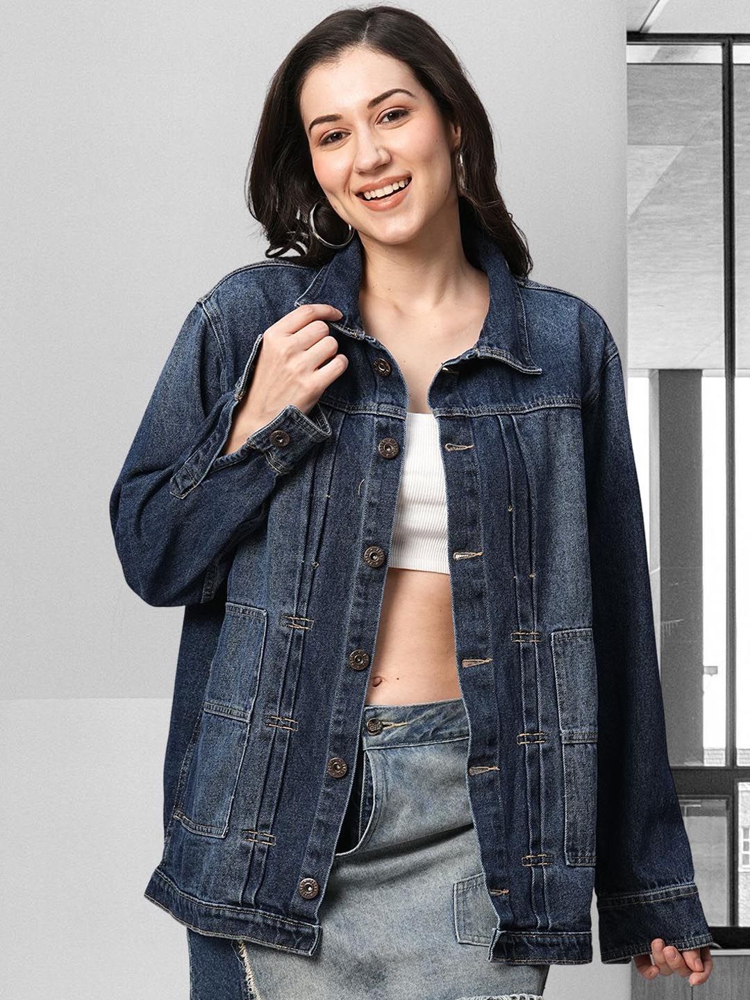 PRONK Women Blue Washed Checked Longline Denim Jacket