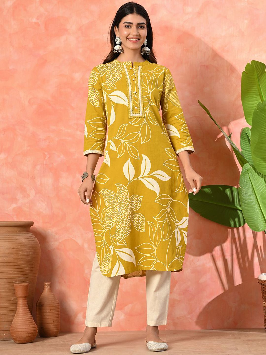Sangria Floral Printed Mandarin Collar Sequinned Pure Cotton Straight Kurta With Trousers-picture-14