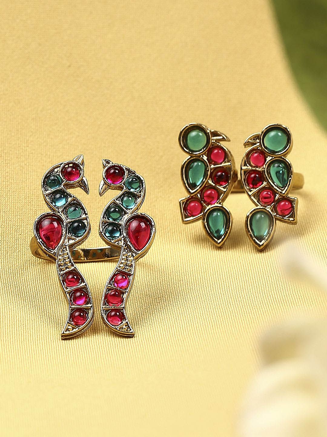 Anouk Set Of 2 Kundan Stone Studded Jadau Bird Design & Moti Manik Theme Finger Rings-picture-32