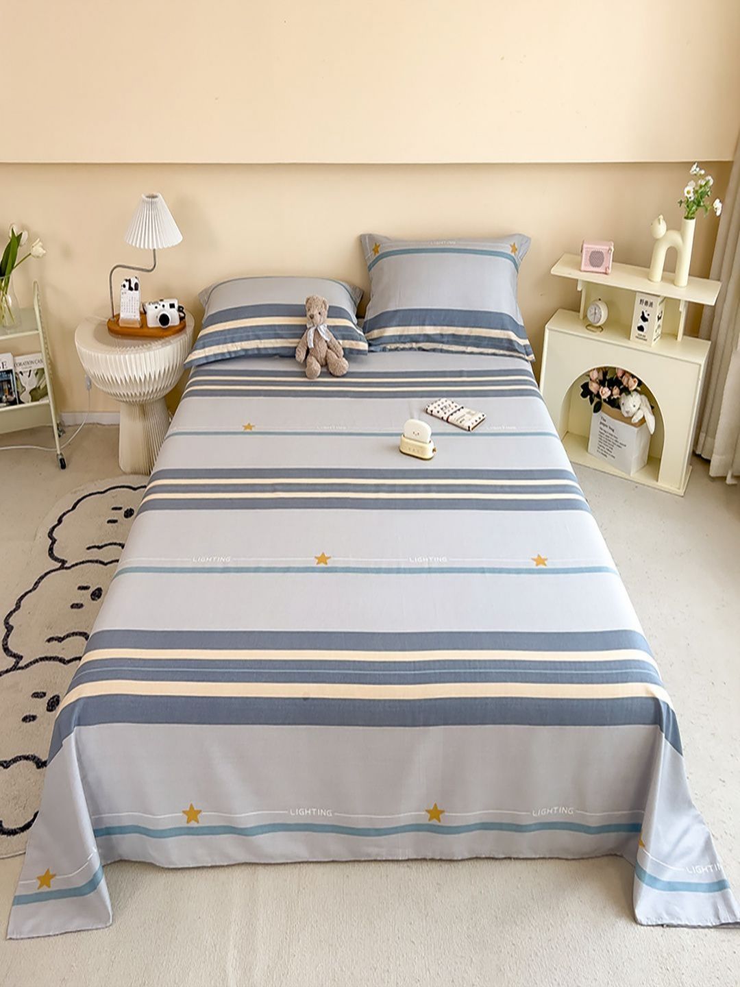 JC HOME Grey & Blue Striped 220 TC Pure Cotton King Bedsheet Set 2.30 m x 2.00 m-picture-18