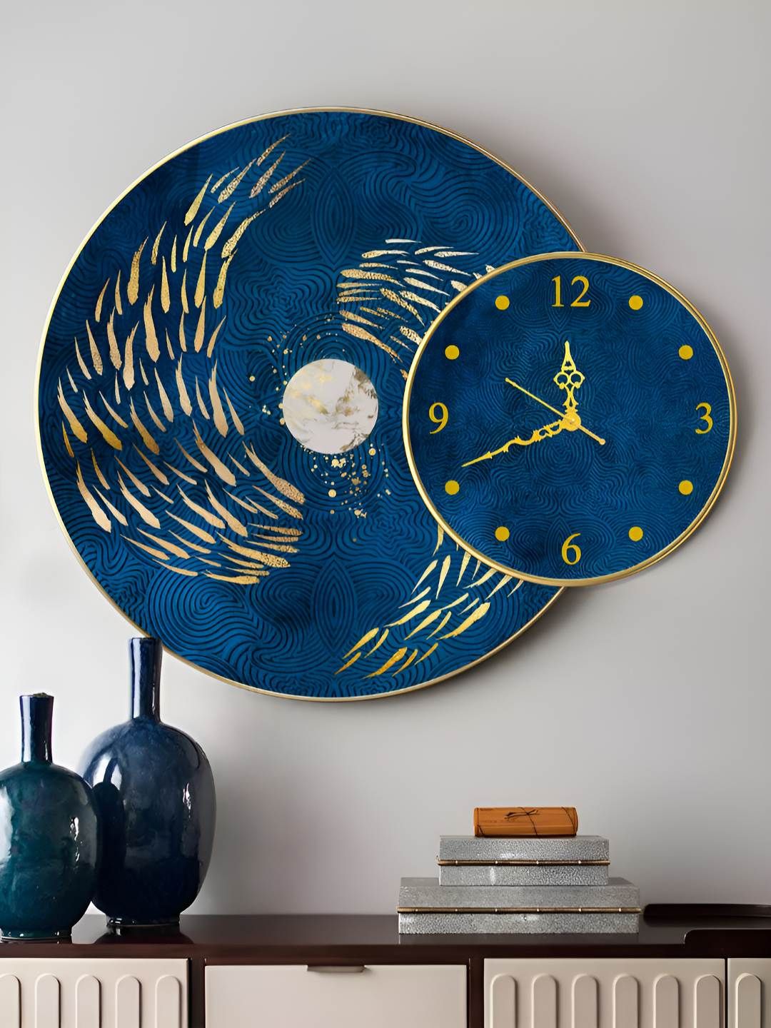 Art Street Blue & Gold-Toned Printed Wooden Analogue Wall Clock