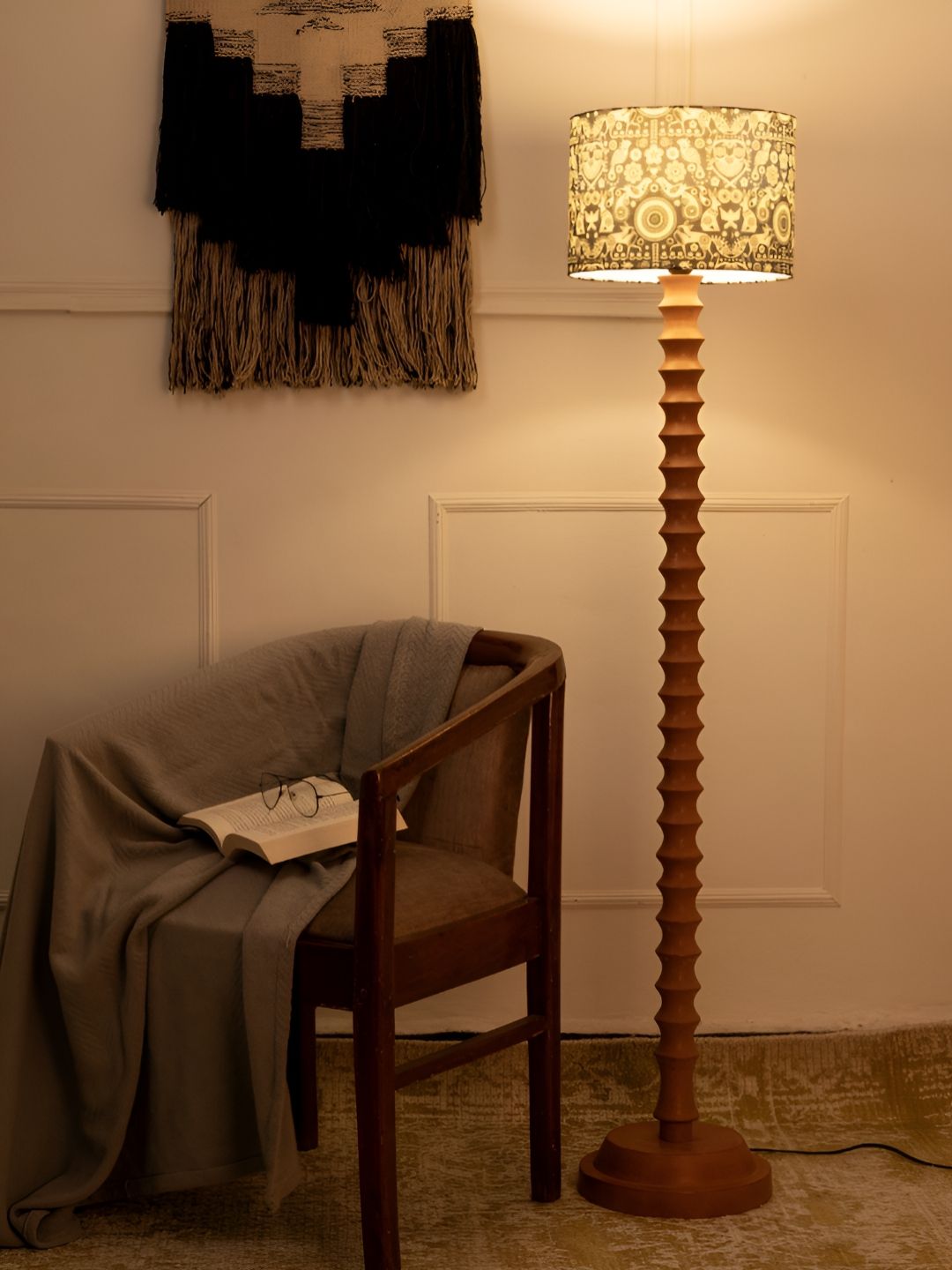 green girgit White & Brown Printed Wooden Drum Floor Lamp-image-27