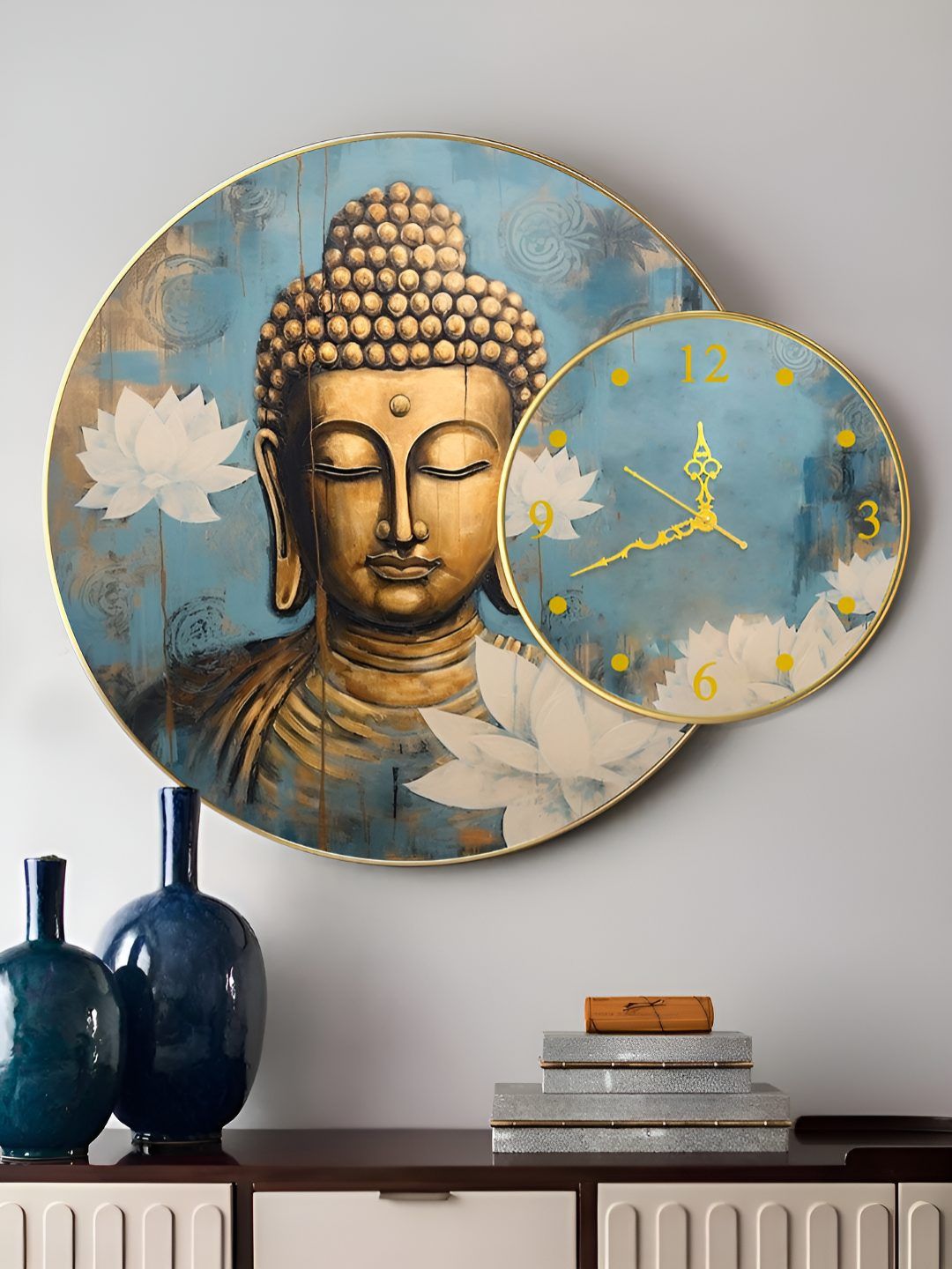 Art Street Gold-Toned & Blue Printed Wooden Analogue Wall Clock