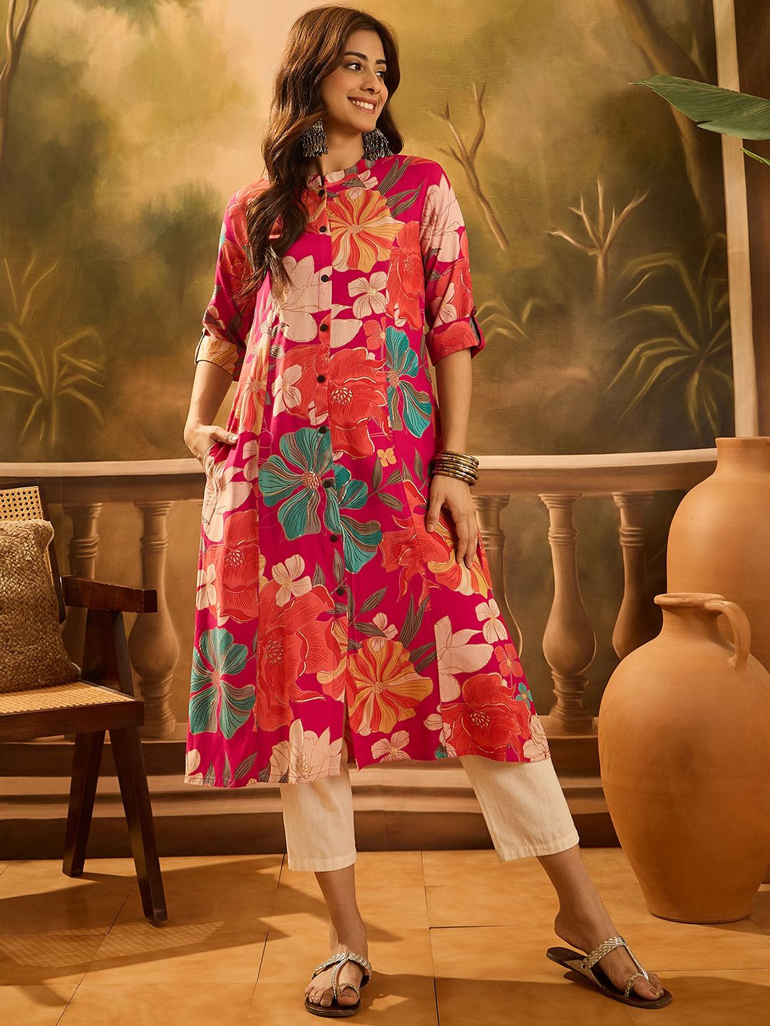 Sangria Floral Printed Mandarin Collar A-line Kurta-picture-14