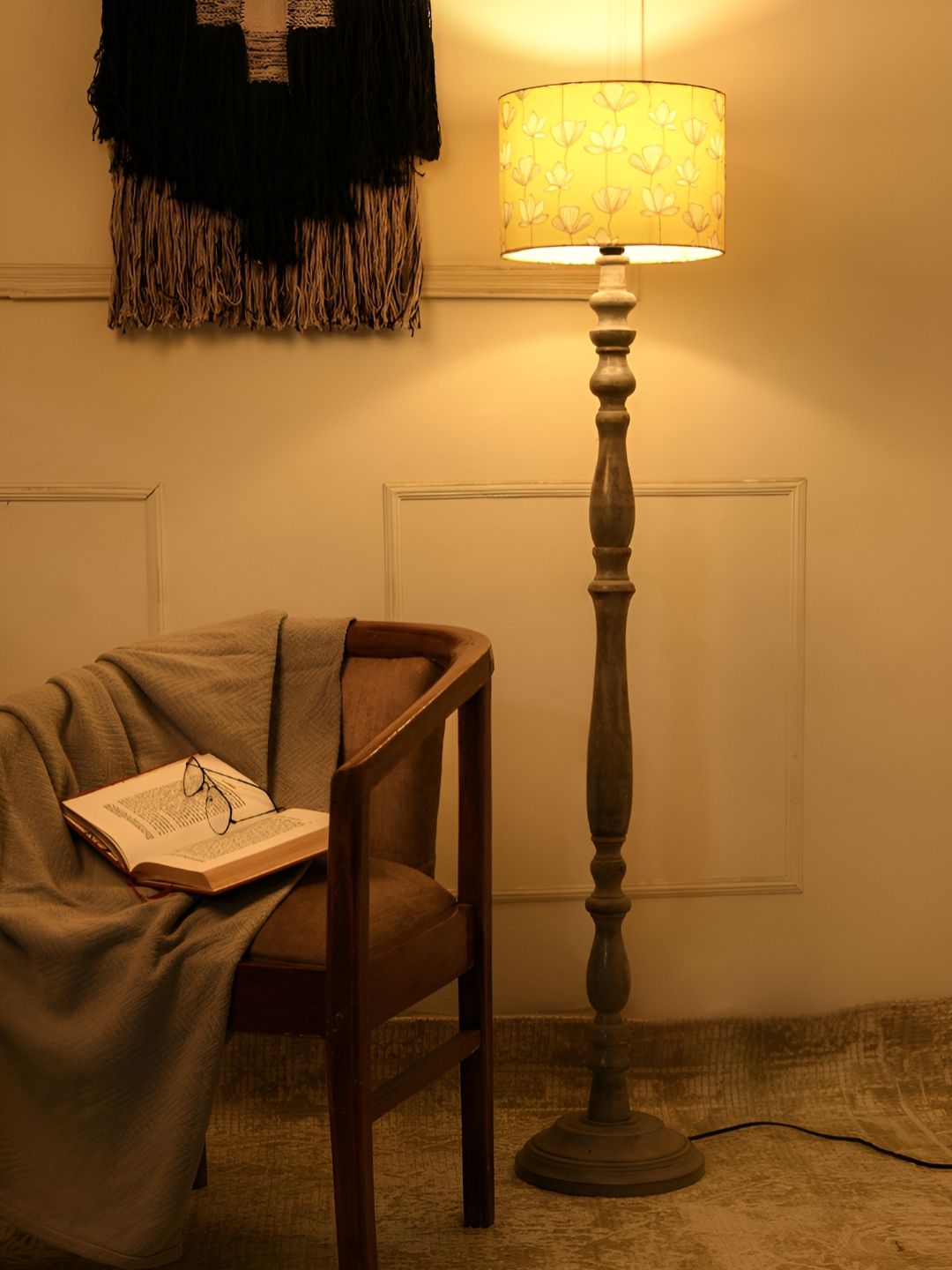 green girgit Grey & Yellow Printed Wooden Jute Cylinder Shaped Floor Lamp-image-47