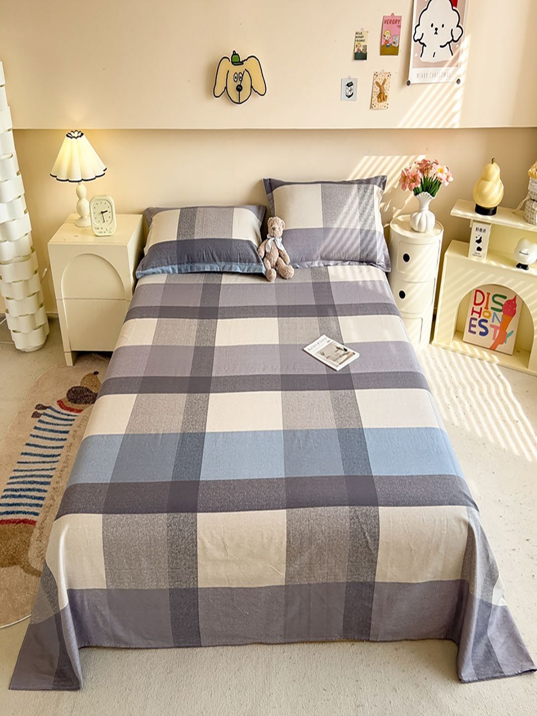JC HOME Grey & Beige Checked Pure Cotton 220 TC King Bedsheet Set 2.30 m x 2.50 m-picture-31