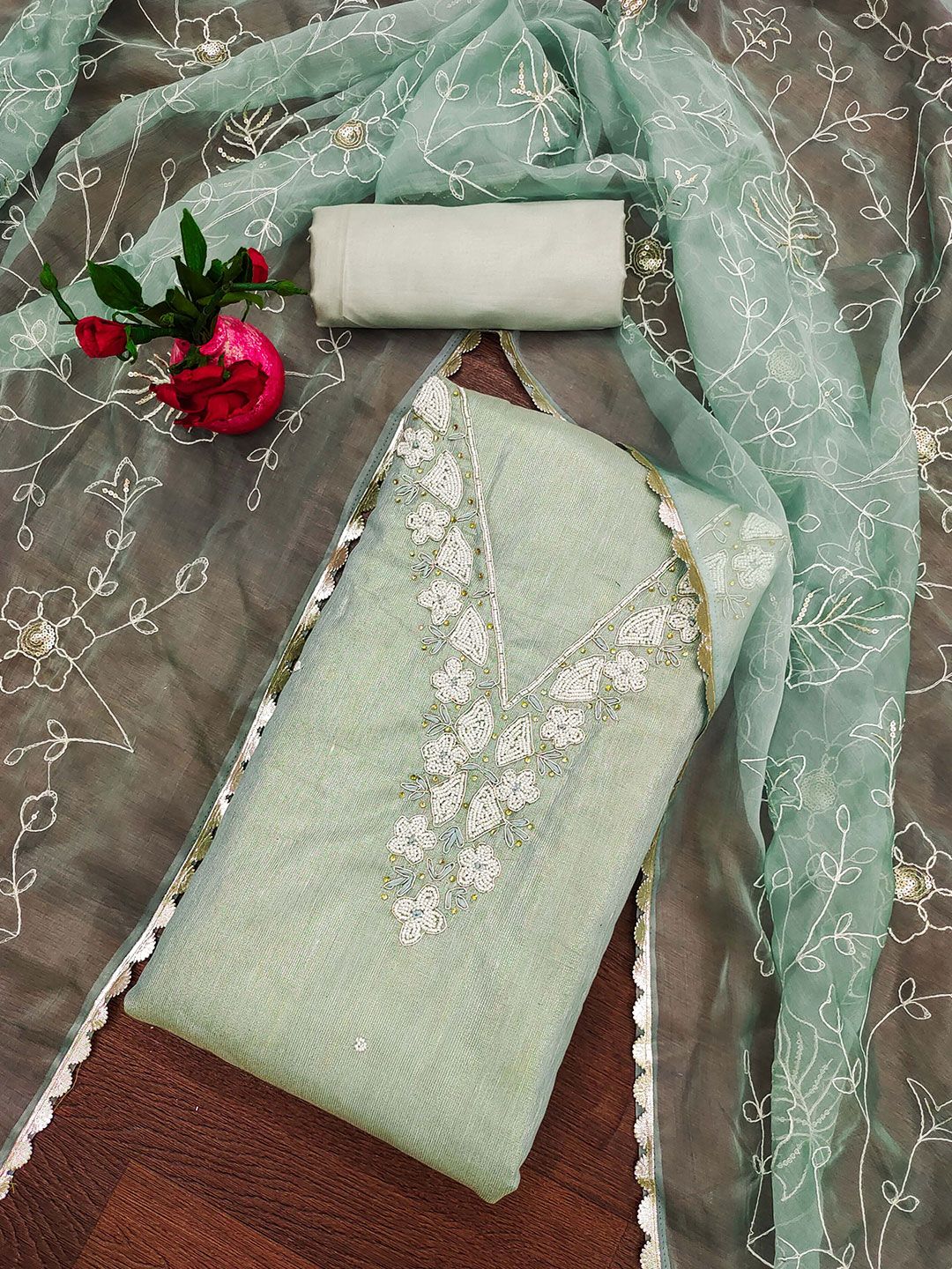 SHADOW & SAINING Floral Embroidered Beads & Stones Cotton Unstitched Dress Material-picture-21