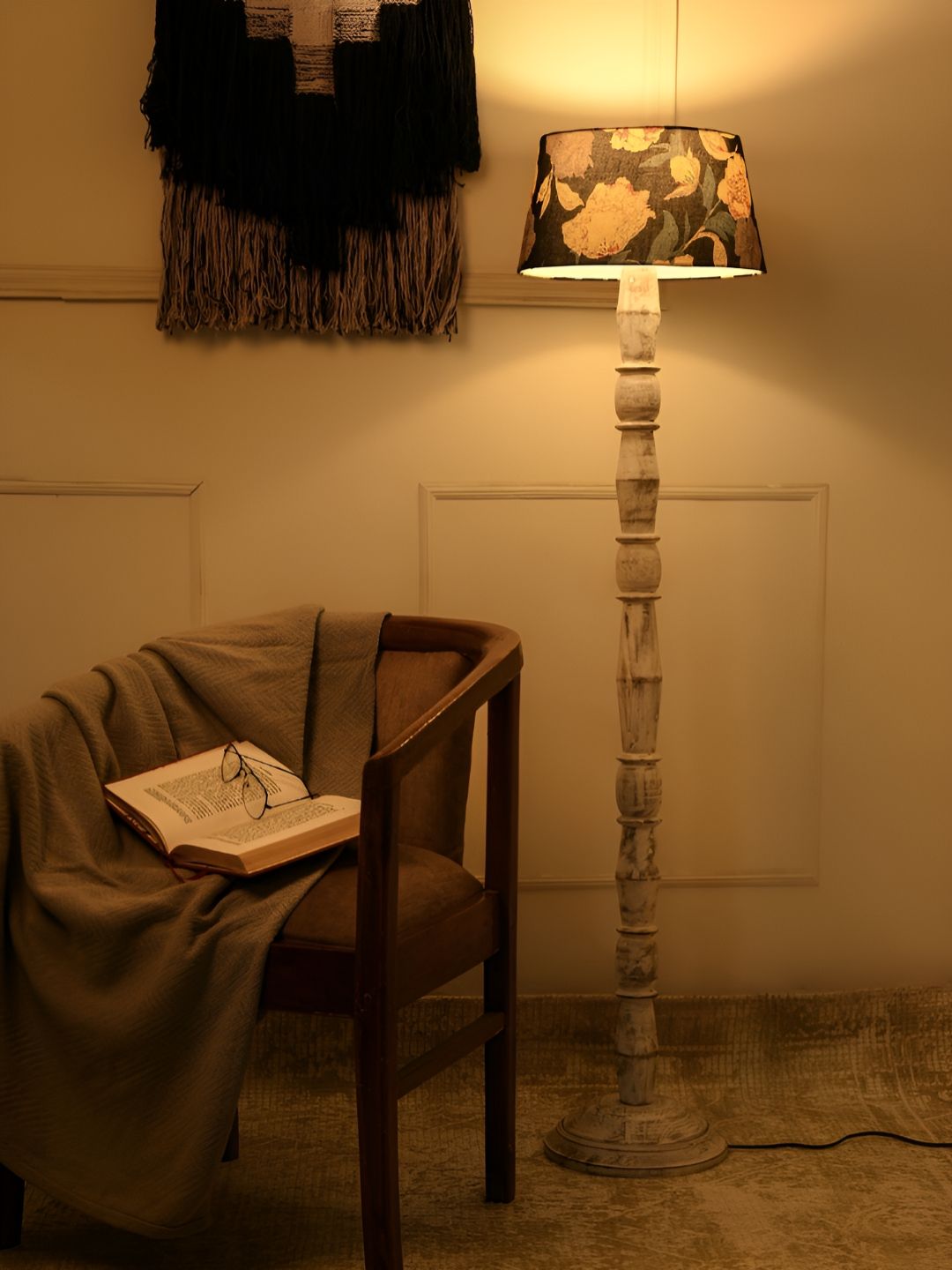 green girgit White & Brown Floral Printed Frustum Shaped Wooden Taper Floor Lamp-image-33