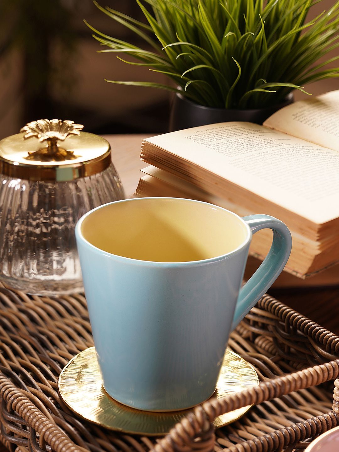 Pure Home and Living Blue & Yellow Solid Stoneware Matte Mugs Set of Cups and Mugs