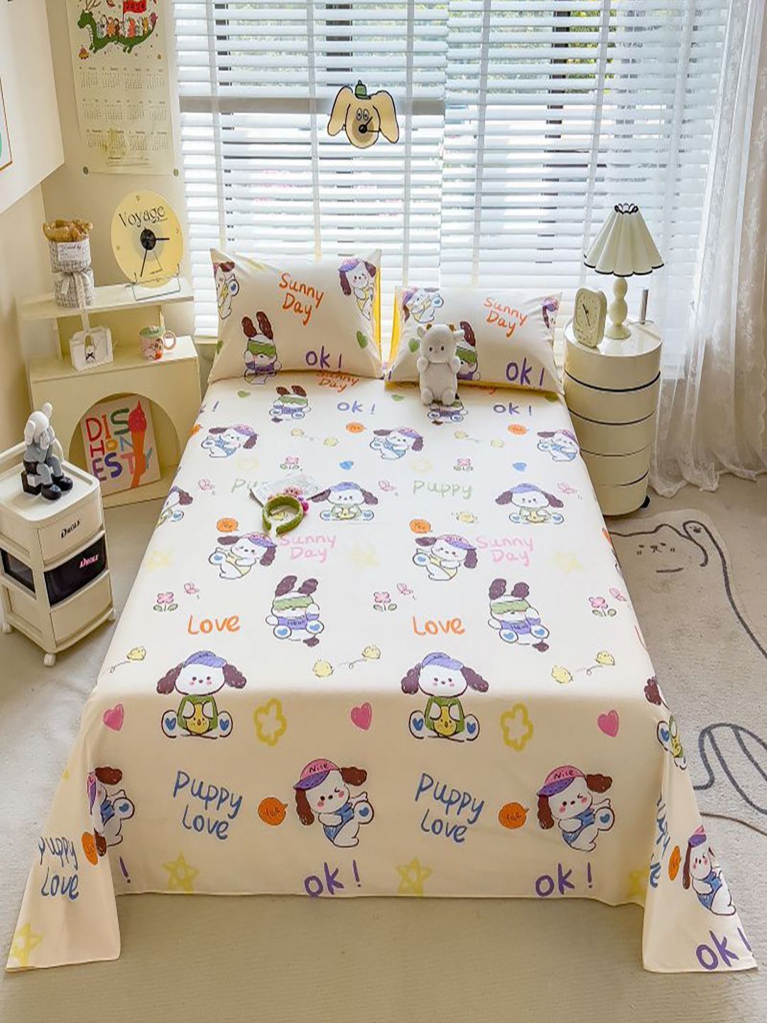 JC HOME Cream-Coloured & Blue Cartoon Characters Printed 220 TC King Size Bedsheet Set-picture-25