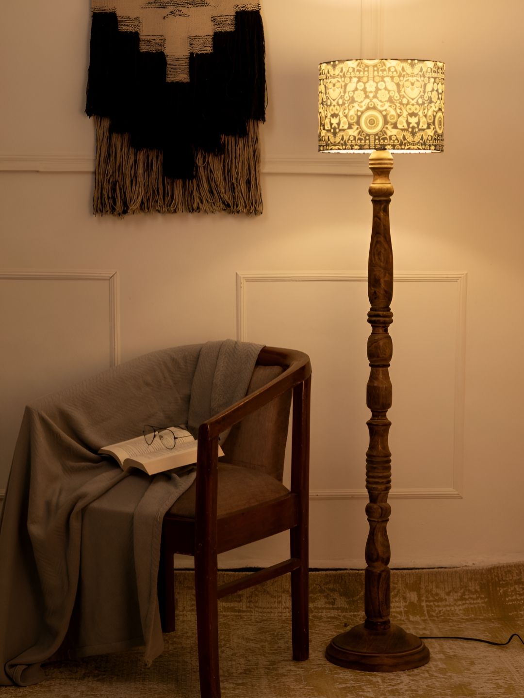 green girgit White & Brown Ethnic Motifs Printed Cylinder Wooden Floor Lamp-picture-38