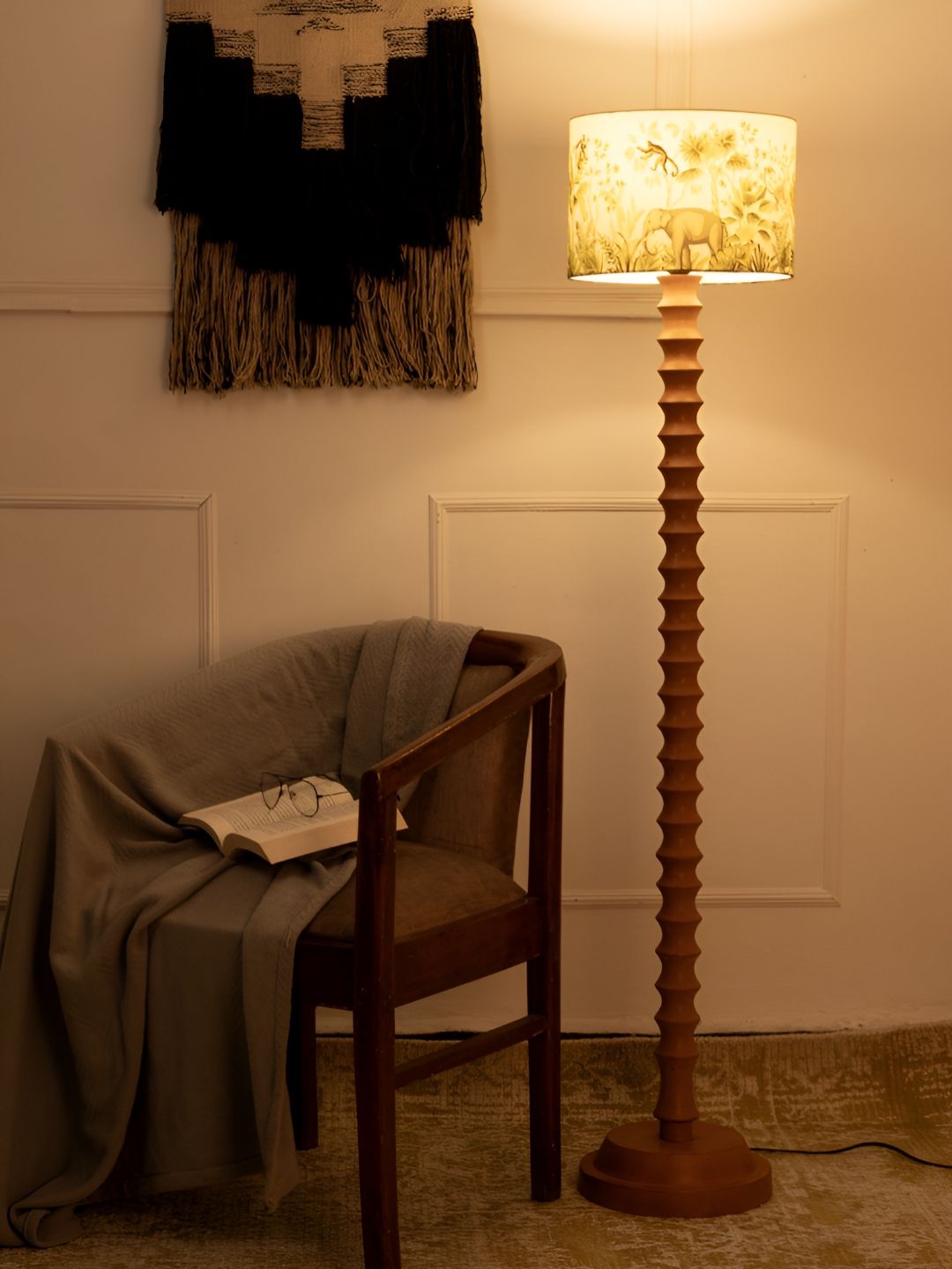 green girgit White & Brown Printed Wooden Cylinder Shaped Floor Lamp-picture-30