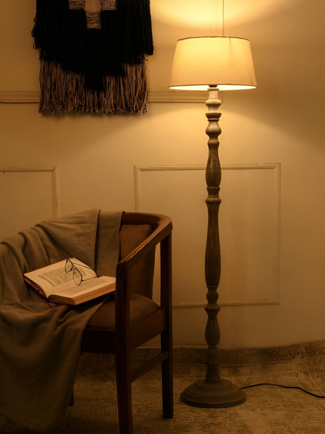 green girgit Grey & Off White Wooden Frustum Shaped Floor Lamp-picture-22