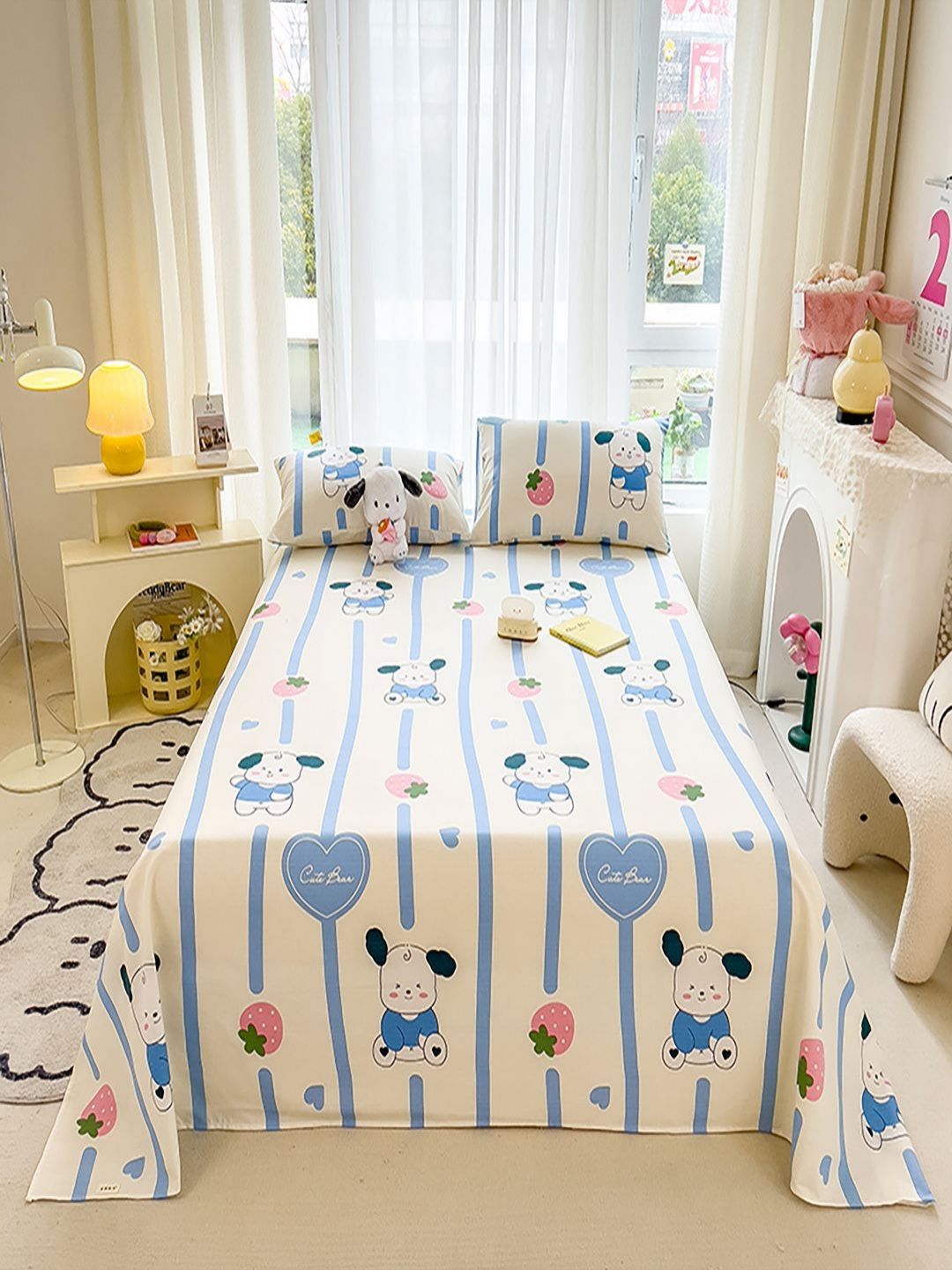 JC HOME White & Blue Cartoon Characters Printed 140 TC Queen Bedsheet Set 2.45m x 2.00m-picture-38