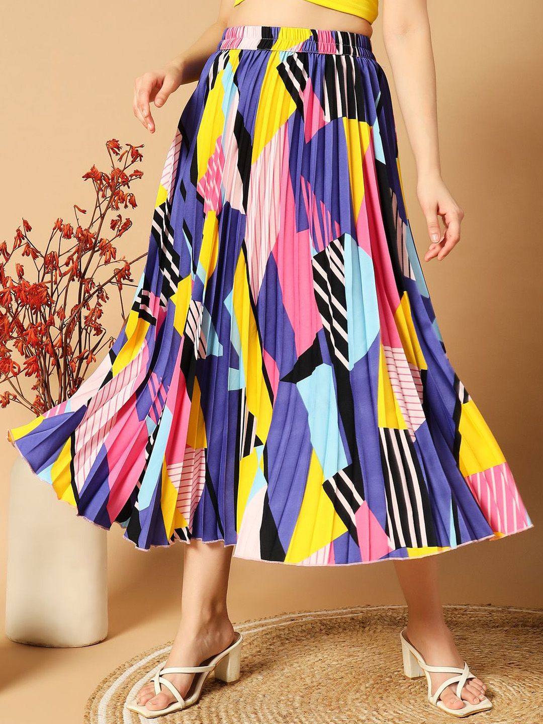 ZWERLON Women Printed Pleated A-Line Midi Skirt-picture-16
