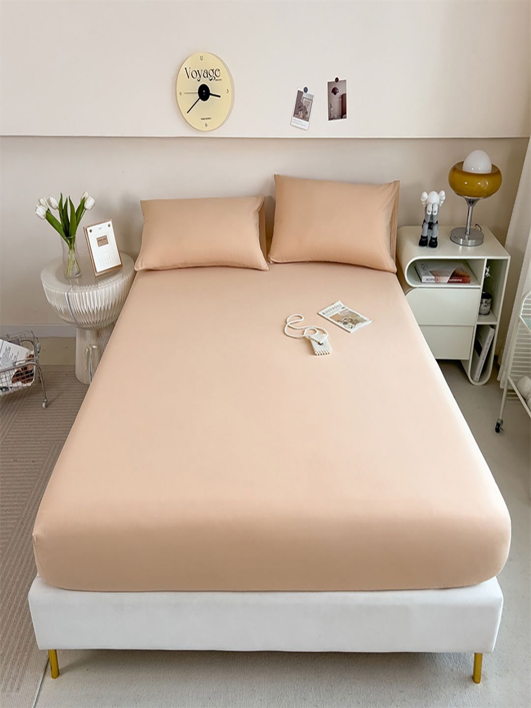 JC HOME Cream Fitted Pure Cotton 220 TC Queen Bedsheet Set-2.00 m x 1.50 m-picture-39