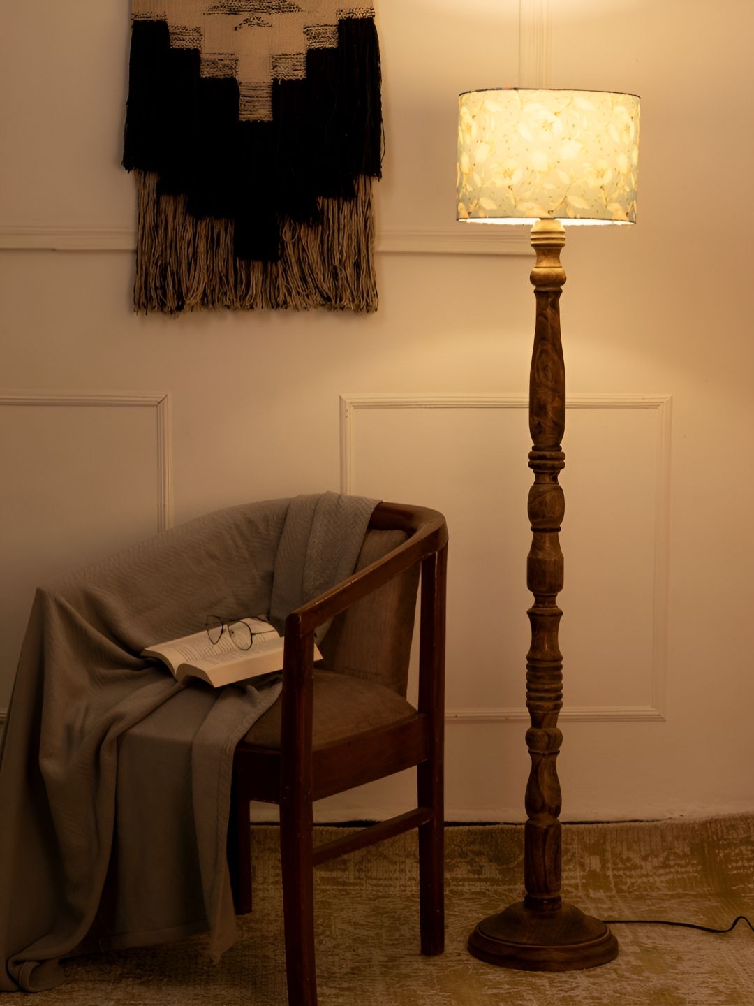 green girgit Blue & Brown Printed Wooden Cylindrical Shaped Floor Lamps-image-44