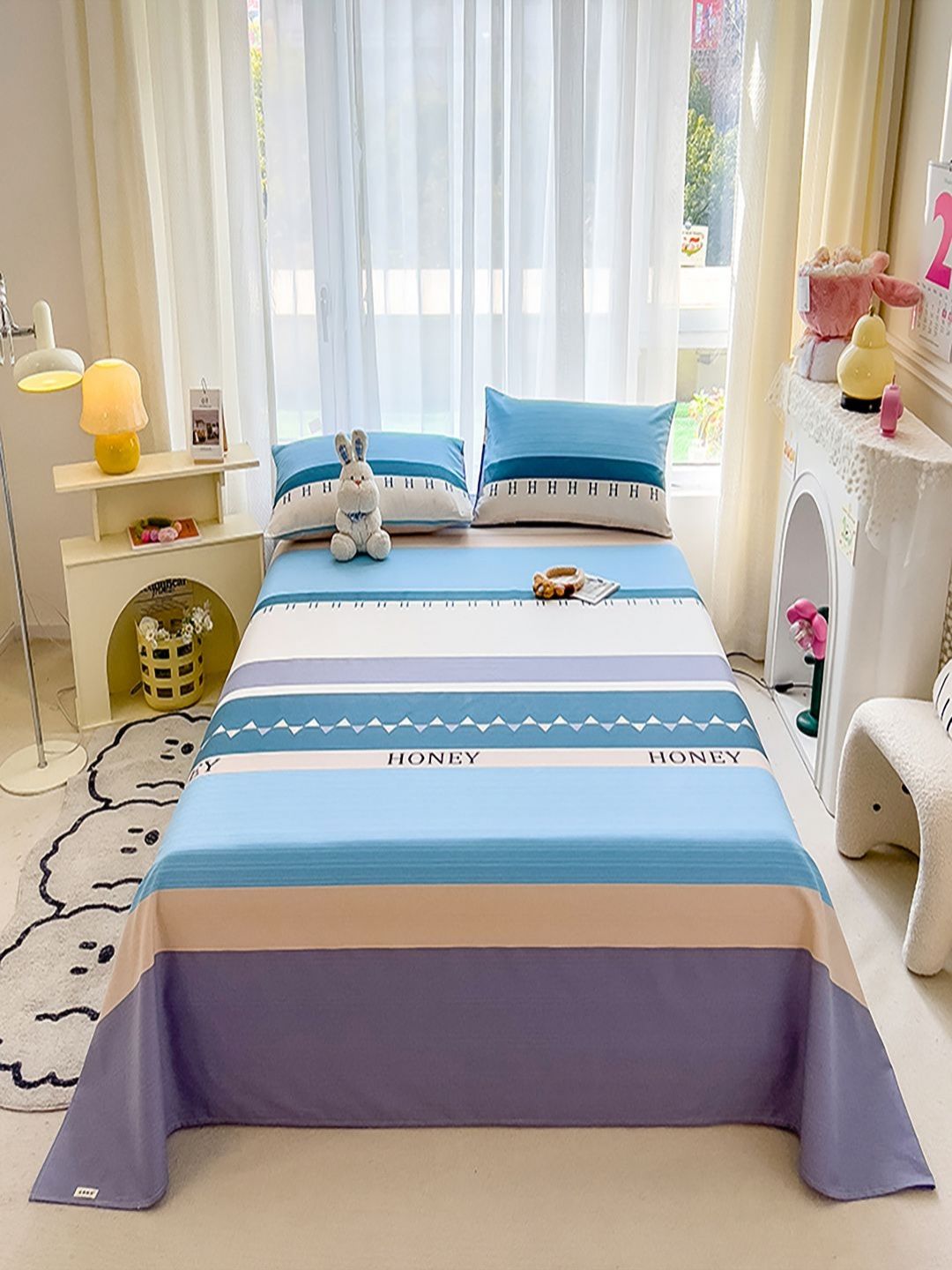 JC HOME Blue & Peach Striped 140 TC King Bedsheet Set2.5 m x 2.45 m-picture-22