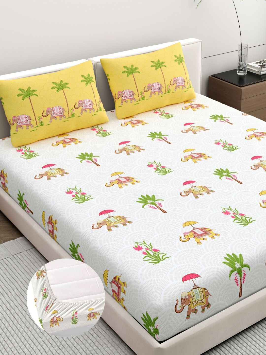 Home Ecstasy Yellow & Green Pure Cotton 140 TC Double King Bedsheet Set 1.83 m x 1.98 m-image-46