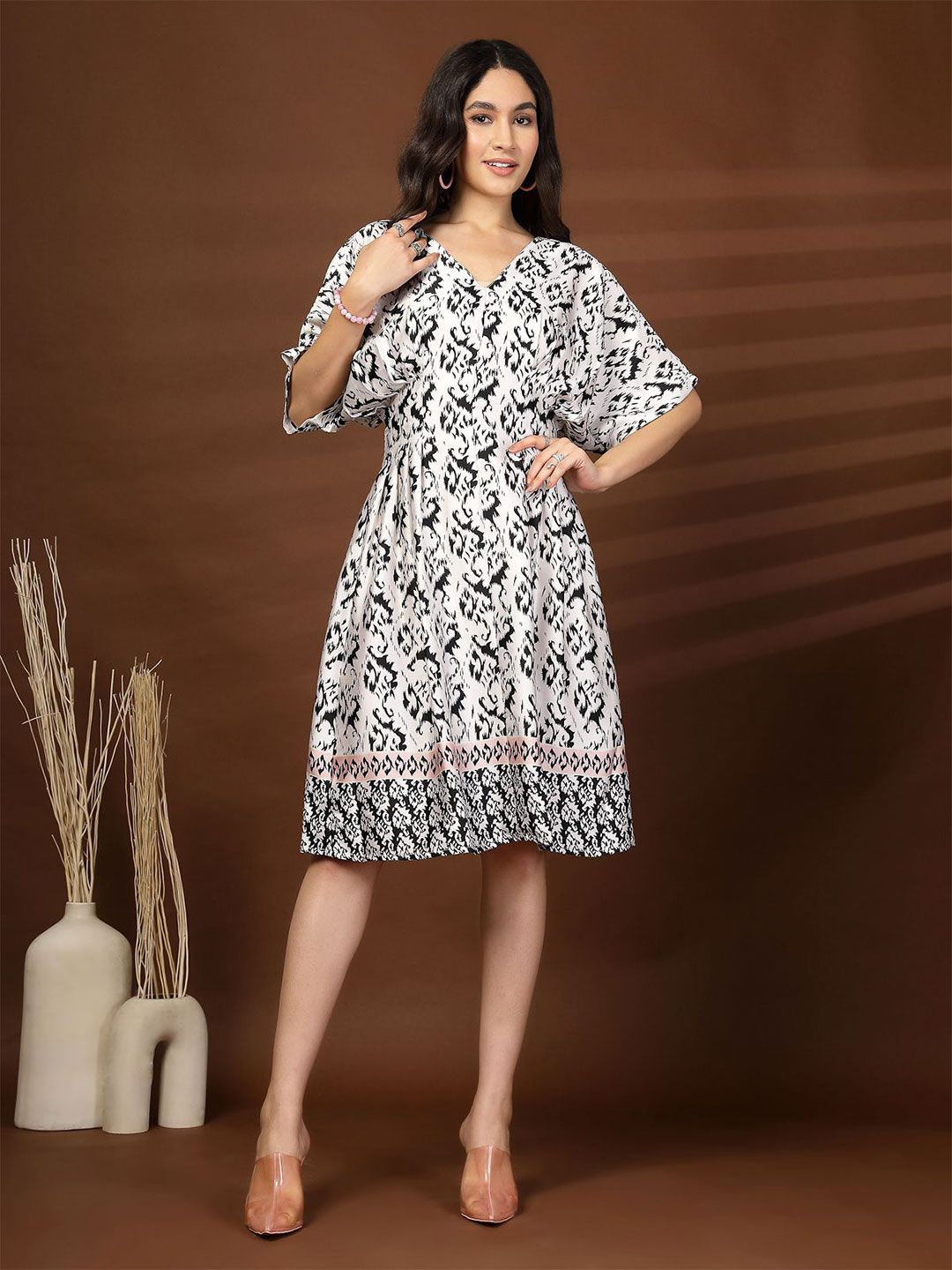 plusS Women Abstract Printed V-Neck Kimono Sleeves Fit & Flare Dress-image-48
