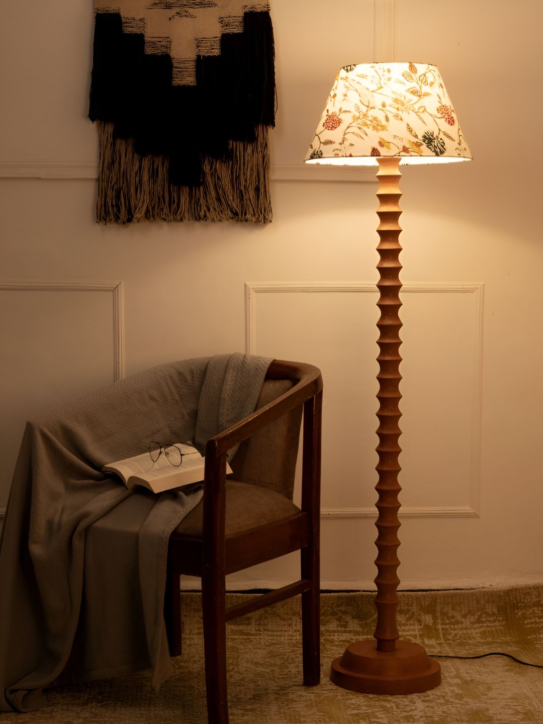 green girgit White & Brown Printed Wooden Frustum Shaped Floor Lamp-picture-10