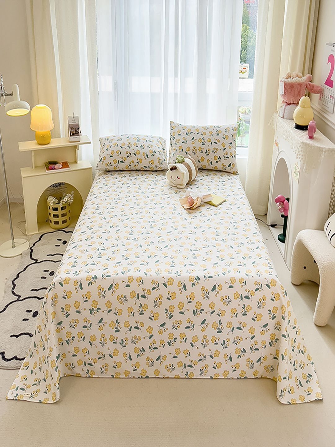 JC HOME Yellow & White Floral Printed 140 TC Single BedsheetSet 2.43m x 2.64m-picture-17