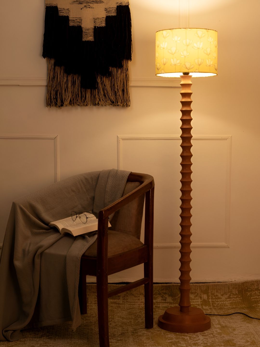green girgit Mustard & Brown Printed Wooden Cylindrical Shaped Floor Lamp-picture-12