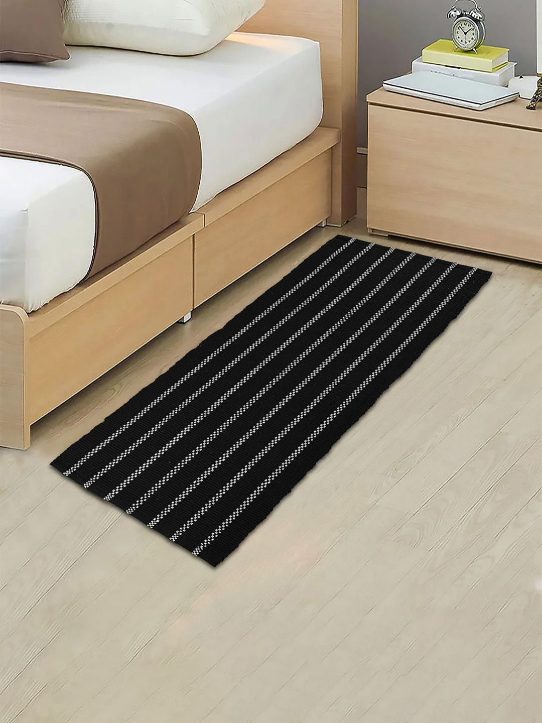 Myntra Elegant Homes Black Striped Pure Cotton Anti-Slip Floor Runner