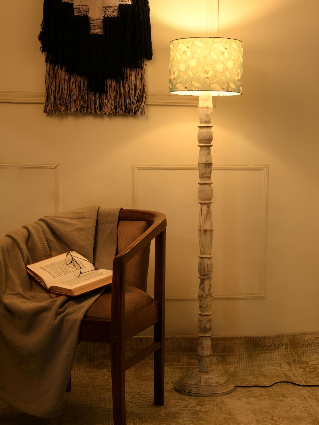 green girgit White & Blue Printed Wooden Jute Cylinder Shaped Floor Lamp-picture-34