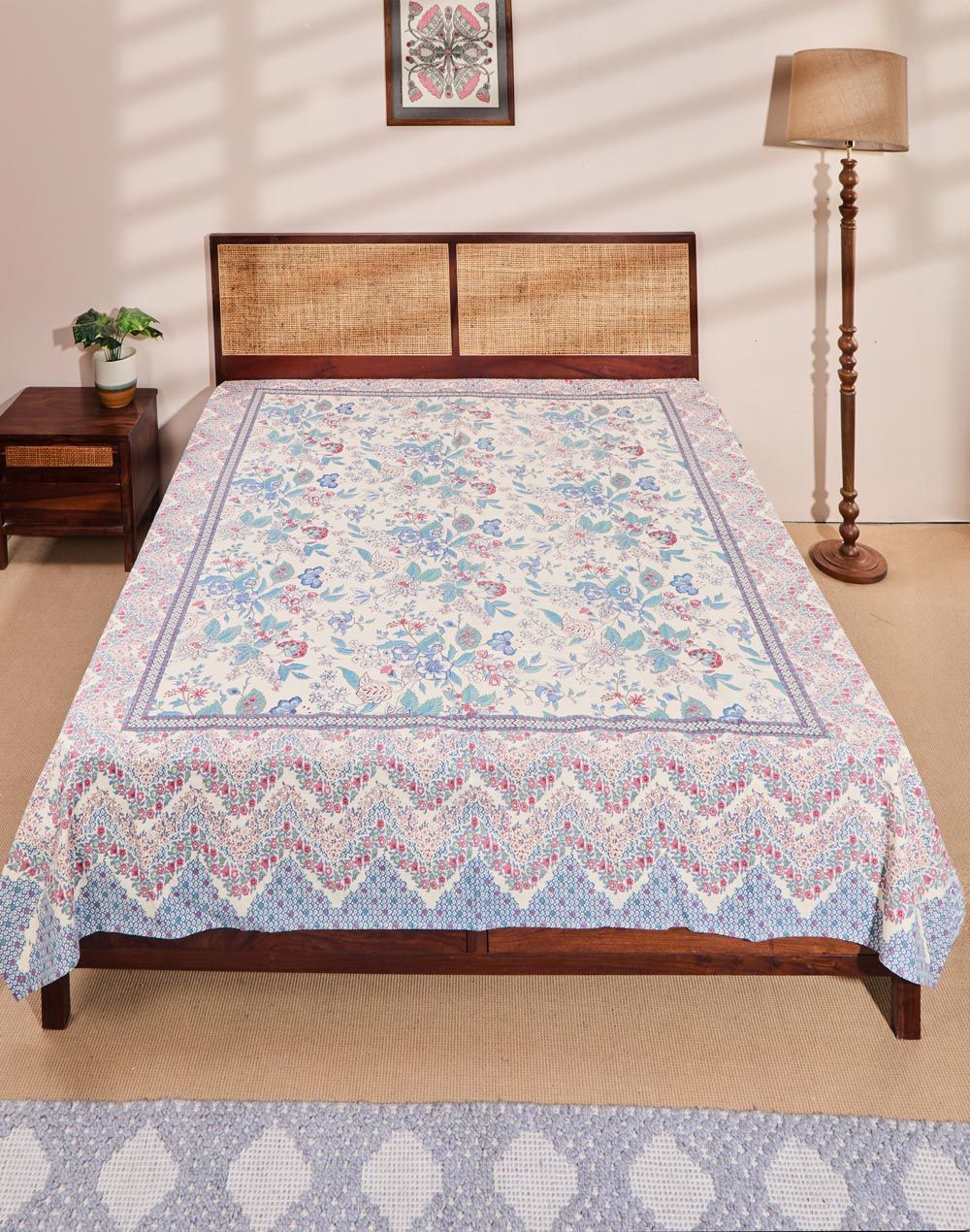 Fabindia Blue & White Printed Cotton Double King Bed Cover-image-25