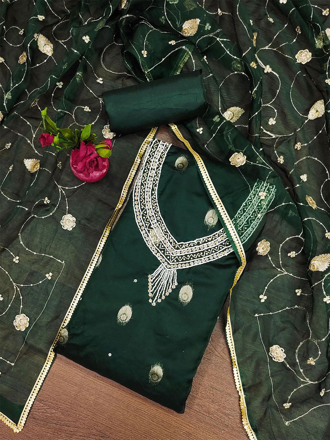 SHADOW & SAINING Floral Woven Design Beads And Stones Organza Semi-Stitched Dress Material-picture-24