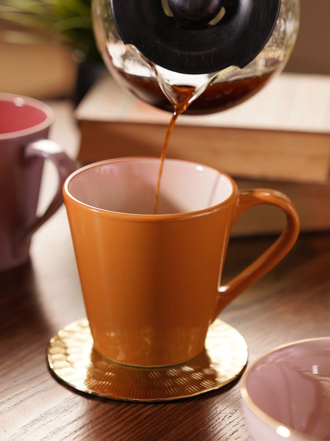Pure Home and Living Orange & Pink Solid Stoneware Glossy Mugs Set of Cups and Mugs-picture-33